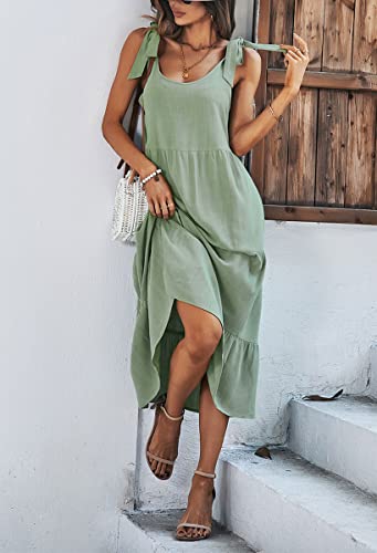 Image of chouyatou Women's Summer Adjustable Spaghetti Strap Solid Ruffle Swing Midi Dress