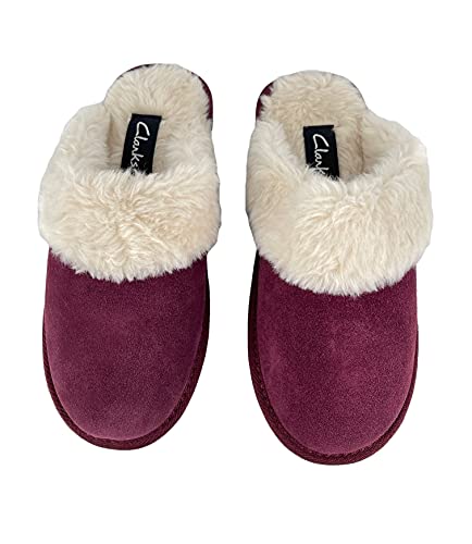 Image of Clarks Womens Open Back Suede Leather Comfort Clog Slipper JMS0583C - Plush Faux Fur Trim - Indoor Outdoor House Slippers For Women
