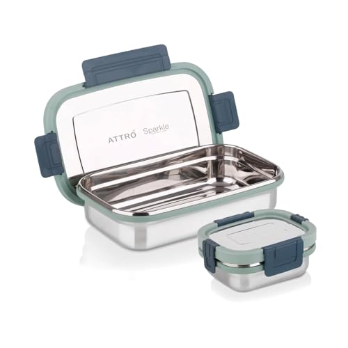Image of ATTRO Sparkle Big Stainless Steel Lunch Box 2-Piece Set - 900ml + 200ml - Leak-Proof, BPA-Free, Compact & Durable - Ideal for Kids, Office, Travel - Green