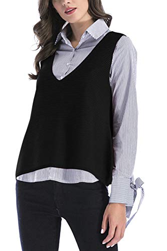 Kedera Women's Boxy Solid Color Low V Neck Marled Knitted Sweater Vest Tops