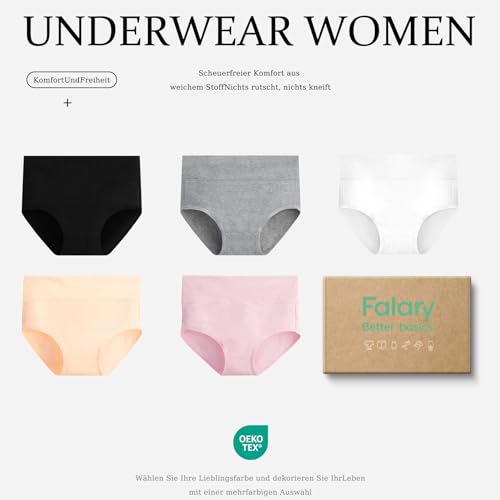 FALARY Bauchweg Unterhose Damen Unterhosen Unterwäsche Baumwolle 5er Pack Slip Hohe Taille Unterhose Taillenslip Sportunterhosen für Damen L Schwarz Hautfarben Weiß 6