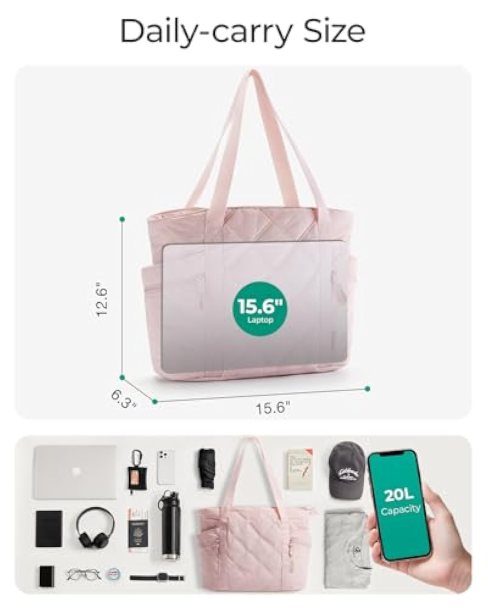 20L Puffer Work Tote with Zipper, Travel Essentials