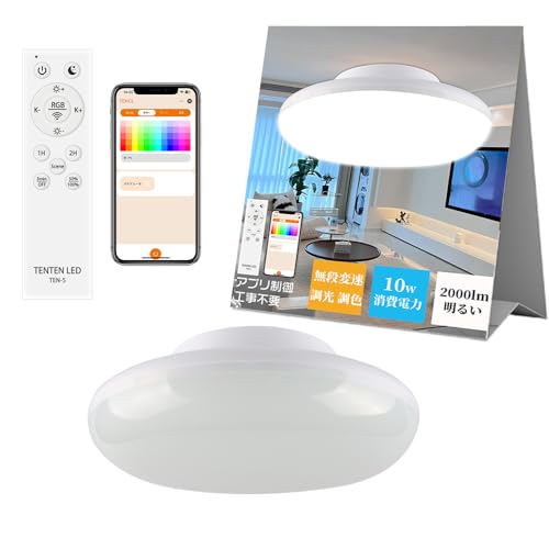 KKRGB シーリングライト led 4畳 6畳 おしゃれ 引掛式 10w 2000lm アプリ制御 リモコン付き 色温度調整可能 明るさ調整 led シーリングライト簡単取り付け Bluetooth対応 目に優しい 洋室 和室 豆電球常夜灯 省エネ ミニ