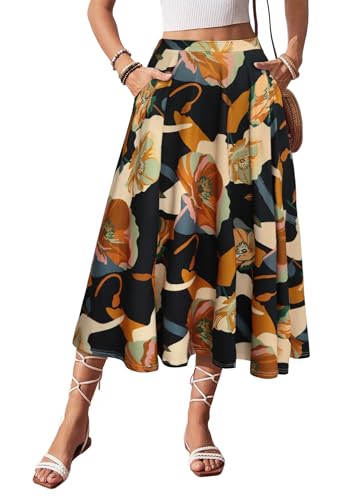 POPZONE Women's Print Elastic High Waist Midi Skirts 2025 Trendy Summer Beach Long Skirt for Women Floral-24 Small