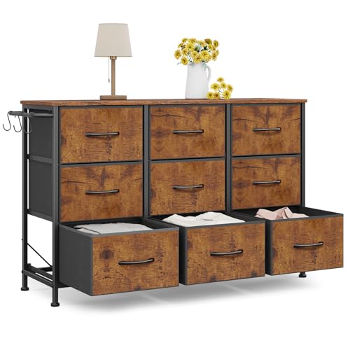 Image of Dresser for Bedroom, Small Fabric Dressers for Kids Bedroom, 9 Drawers Dresser for Closet, Storage Organizer Chest of Drawers for Nursery, Dorm, Apartment, TV Stand, Wood Top, Side Hook (Rustic Brown)