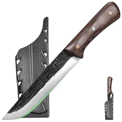 FULLHI Couteau à désosser à manche en bois avec étui, pour trancher et désosser la viande, pour la maison, le camping et le barbecue. (marron, 18cm)