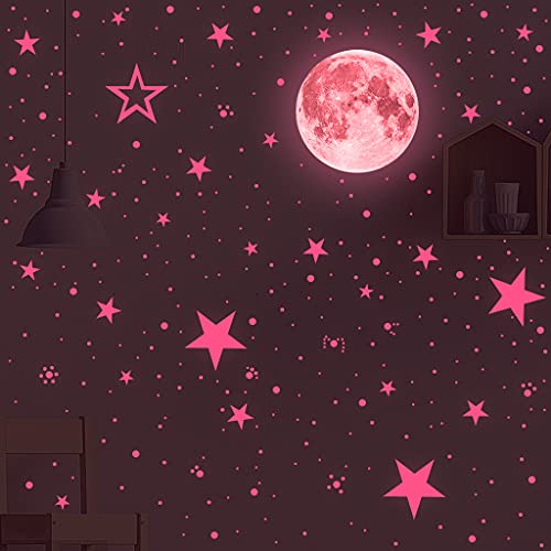 Glow In The Dark Stars And Moon Stickers For Ceiling, Luminous Wall Decals Decor For Bedroom Living Room, 407 Dots + 27 Stars + 30Cm Moon (Pink) #TOP3