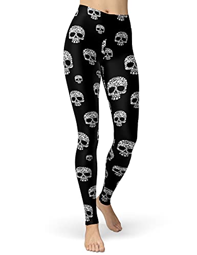 sissycos Women's Floral Skull Printed Leggings Buttery Soft Halloween Stretchy Pants (White Skull, Small)