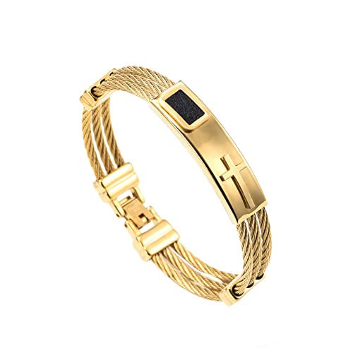 PAURO Hommes Acier Inoxydable Bracelet Croix en Fil Or torsadé avec câble