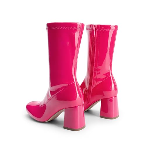DREAM PAIRS DREAM PAIRS Women's Mid Calf Gogo Boots Low Block Heel Square Toe Ankle Boot with Zipper for Party Cosplay Dance,Size 8.5,Hot Pink,SDMB2301W-1