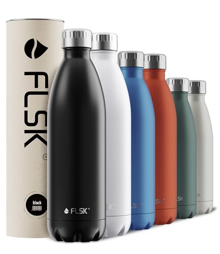 FLSK Edelstahl Next Gen Essentials Trinkflasche (500 ml, 750 ml, 1000 ml) - widerstandsfähig, kohlensäurefest & spülmaschinengeeignet, inkl. baumfreier Verpackung