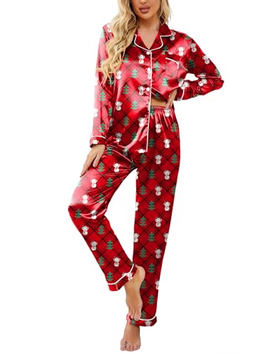Image of Ekouaer Womens Satin Pajama Set Classic Pattern Silky Pj Sets Button Down Sleepwear Loungewear,Medium,Red Chirstmas Teddy