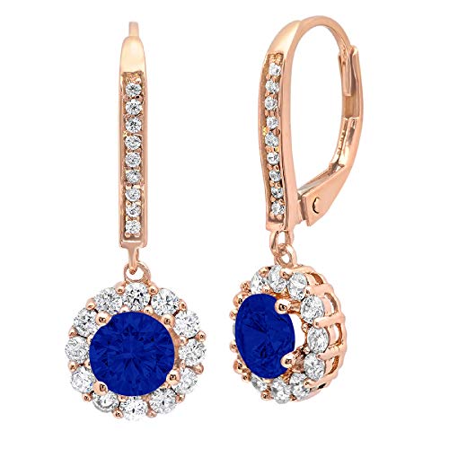 3.49Cttw Brilliant Round Cut Halo Solitaire Flawless Genuine Simulated Cubic Zirconia Blue Sapphire Gemstone Unisex Pair Of Designer Lever Back Drop Dangle Earrings Solid 14K Rose Pink Gold #TOP19