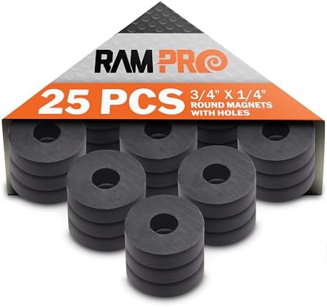 RamPro 25-Piece Powerful Magnetic Round Ferrite Magnet Discs with ¼” Dia. Holes (3/4" x 1/4") – Universal Use on Frigidaire’s, Bulletin Boards & Arts-Crafts Projects, Etc.