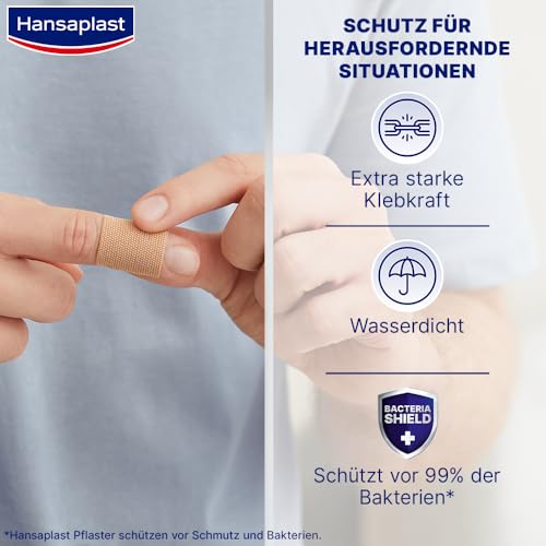 Hansaplast Extra Robust Waterproof Textil-Pflaster (16 Strips), widerstandsfähiges und wasserfestes Pflaster mit extra starker Klebkraft, flexible und atmungsaktive Wundpflaster