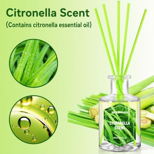 Image of STRN Lemongrass Reed Diffusers, Citronella Reed Diffuser Set, 200ML with 6 Sticks for Summer Indoor Outdoor, Bathroom, Bedroom, Office, Home Decorations Refreshing Scent Diffuser 6.8 fl.oz