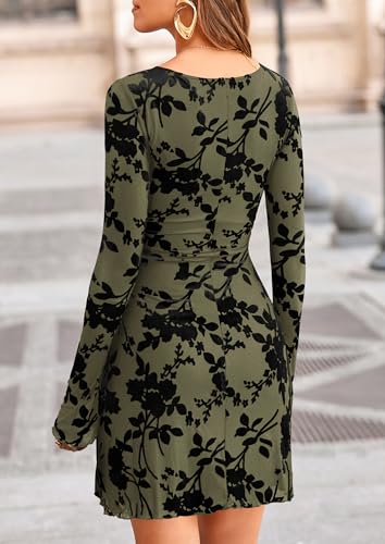 Image of PRETTYGARDEN Women's Fall Floral Long Sleeve Mini Dress | Printed Sheer Mesh, Bell Sleeve Boat Neck, Bodycon Short Dresses, Party Date Night, Cute Casual Outfits, Fashion Clothing
