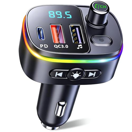 FMトランスミッター Bluetooth5.4 車載 PD 30W急速充電 車載充電器 3つポート USB &Type-C Uディスク対応 重低音モード Siri&Google Assistant対応 ハンズフリー通話 7色LEDライト12V-24V車対応 電圧測定