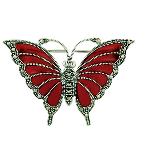 Sterling Silver Butterfly Brooch with Red Enamel and Marcasite Stone,