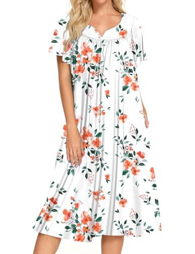 Image of Bloggerlove Mumu House Dress for Women with Pockets Short Sleeve Nightgowns | 15% Cotton, 80% Polyester, 5% Spandex, Floral Mumu House Dress, V-Neck, Short Sleeves, Midi Length, 2 Side Pockets, Lounging