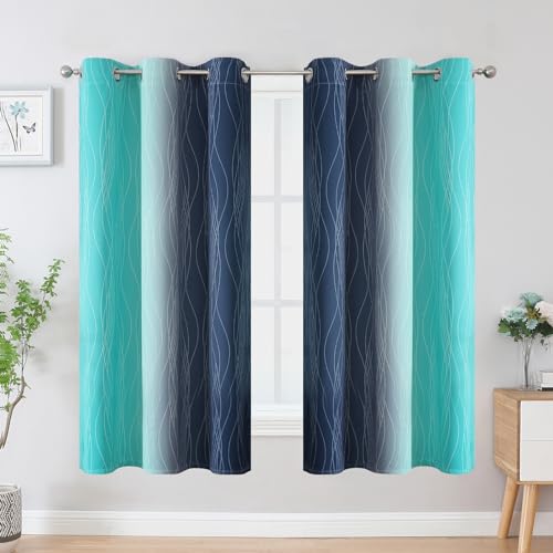 Estelar Textiler Teal and Navy Blue Blackout Curtains for Boys Bedroom, Full Room Darkening Grommet Ombre Curtains for Living Room, Thermal Insulated Light Blocking Gradient Drapes, 42Wx63L, 2 Panels