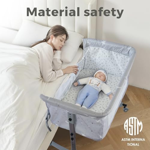 سرير اطفال بجانب السرير - سرير اطفال مع سرير هزاز، شبكة ناموسية شبكية جيدة التهوية، مقاومة للارتجاع، نوم مشترك بدون خياطة، ارتفاعات قابلة للتعديل وسلة تخزين واسعة