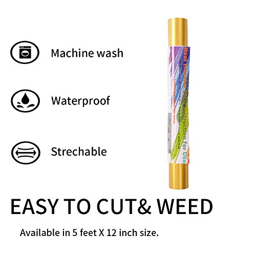 Image of Gold Htv Vinyl Gold Iron Heat Transfer Vinyl Rolls HTV 12inch x 5feet Iron On Vinyl for T-Shirts Totes and Bags, Easy to Cut & Weed for Silhouette Cameo, Heat Press Machine