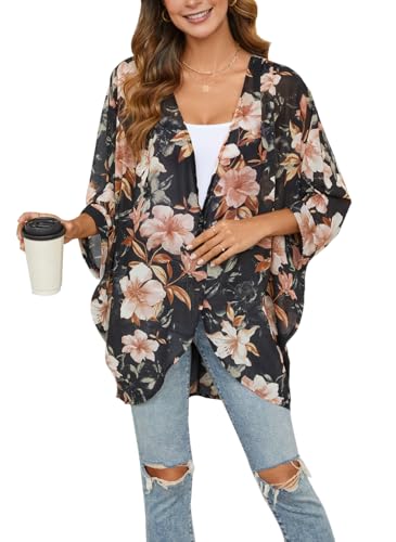 olrain Women's Floral Print Sheer Chiffon 3/4 Bat Sleeve Casual Loose Kimono Cardigan Capes (Large, BlackDarkPink)