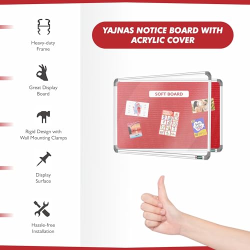 Image of YAJNAS 3X5 Feet Premium Material Red Designed Notice Board with Acrylic Door /Soft Board /Bulletin Board /Pin-up Display Board for Study Room, Office, School & Home Use