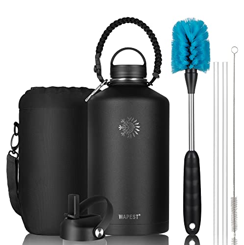 Water Bottle 64 oz with Paracord Handle & Cleaning Brush, Half Gallon Double Wall Vacuum Metal Stainless Steel Insulated Water Flask Jug with 2 Lids and Carrying Pouch, Leakproof and BPA-Free, Black