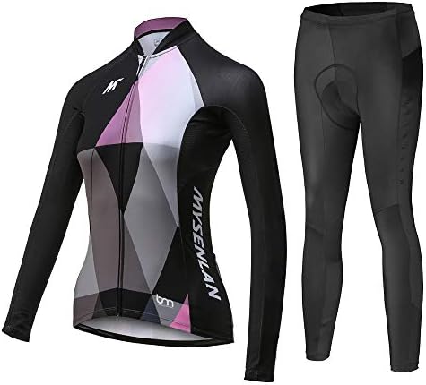 Mysenlan Women's Cycling Long Sleeve Breathable Jersey Set 3D Padded Long Pants Bike Shirt Bicycle Tights Clothing Black
