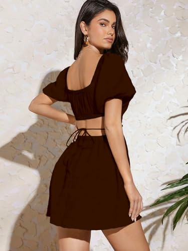 Image of Aahwan Women's & Girl's Fit and Flare Black Solid Summer Beach Square Neck Puff Sleeve Cut Out Waist Mini Dress