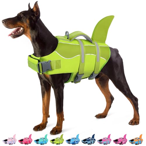 SUNFURA Dog Life Jacket - Shark Dog Life Vest for Swimming Boating, Reflective Lifejacket with High Buoyancy and Rescue Handle, Adjustable Lifesaver for Small Medium Large Breeds, Green XL