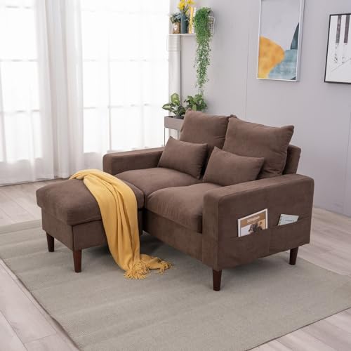 Panana 2 Seater with Footstool Chaise, Linen Fabric Small L-Shaped Corner Sofa Couch Armchair, 2 seater with Footstool, Brown