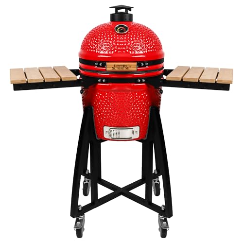 Image of London Sunshine 15-inch Ceramic Kamado Charcoal BBQ Grill & Smoker with Locking Casters, Foldable Side Shelves, Stainless Steel Grates, and Tall Stand (Red)