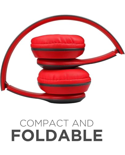 Image of JPGC Wireless Bluetooth Headphones, P47 Over-Ear Headset with Extra Bass, Foldable Design, Soft Memory Protein Earmuff, Bluetooth 5.0, FM Radio, SD Card Support, AUX Input, Black (Red)