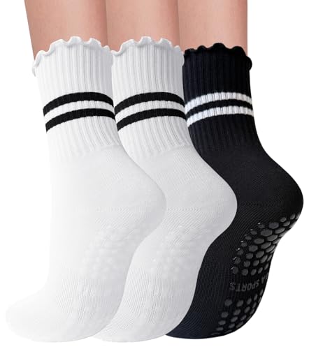 Image of 3 Pairs Pilates Socks with Grips for Women Non Slip Grip Ruffle Yoga Ankle Grippy Socks