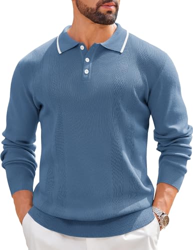 COOFANDY Mens Knit Polo Sweaters Long Sleeve Vintage Polos Casual Dress Pullover Old Money Tops