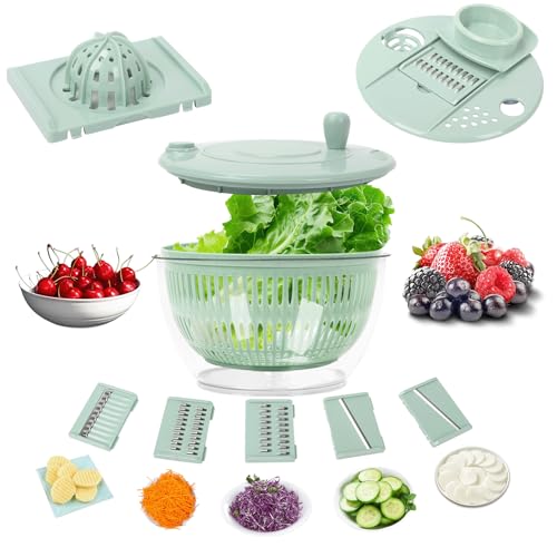 Multi-Use Large Salad Spinner, 5.3 Qt Vegetables Fruits Wash Spinner Bowl,Lettuce Dryer with 5 Blades,Egg Yolk Strainer Slicer Shredder, Salad Bowl for Efficient Preparation-Green
