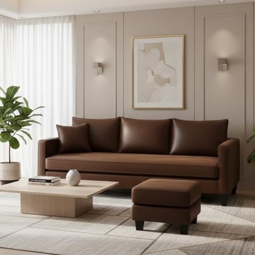 Image of FURNY Conva 4 Seater L Shape Sofa Set with Movable Ottoman | Flexible Left or Right Layout | Premium Leatherette Upholstery (Dark Brown) | Perfect for Living Room, Guest Room & Office