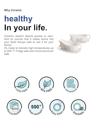Image of LE TAUCI Gravy Boat with Saucer Stand 16oz, Ceramic Sauce Boat with Tray for Salad Dressings, Creamer, Broth, Black Pepper- Set of 2, Oyster White