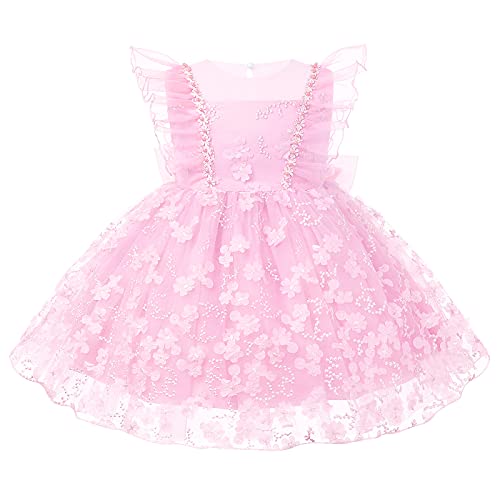 Image of ODASDO Infant Baby Girls First Birthday Party Dress Toddler Kids Princess Tutu Back Bowknot Flutter Sleeve Flower Summer Casual Christening Formal Pageant Wedding Bridesmaid Dresses Pink 6-12 Months