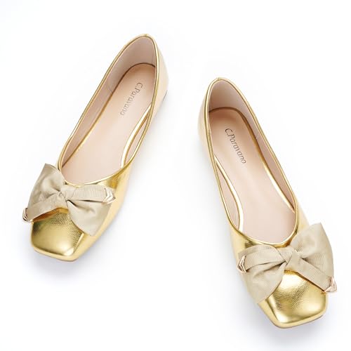 C.Paravano Women's Flats with Metallic Bow | Casual Square Toe Ballet Flats | Comfortable Slip On Gold Flat Shoes | Women Dress Shoes for Walking Wedding Work Office (Size 7.5,Gold)