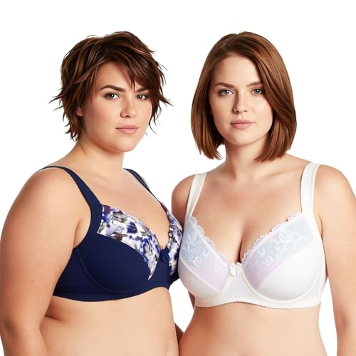 Curve Muse Übergröße Ungefüttert Bügel Spitzen-BH mit gepolsterten Schultergurten-2er Pack-Sahne, Marine-100E