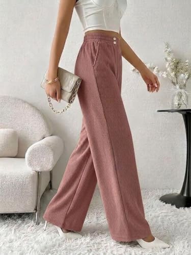 Image of SMOWKLY Authentics Women's Trendy Casual Corduroy Stretchable Baggy Loose Korean Trouser with Pockets || High Rise Elastic Waist Going Out Lounge Pants || Wide Leg Summer Pants for Woman