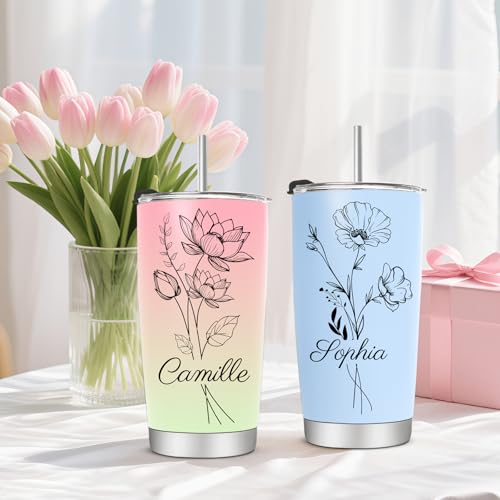 Image of Personalized Tumblers with Names Picture, 15 Colors 20 oz Custom Birth Flower Insulated Tumblers Cups with Straw, Personalized Birthday Gifts for Women Mom Grandma