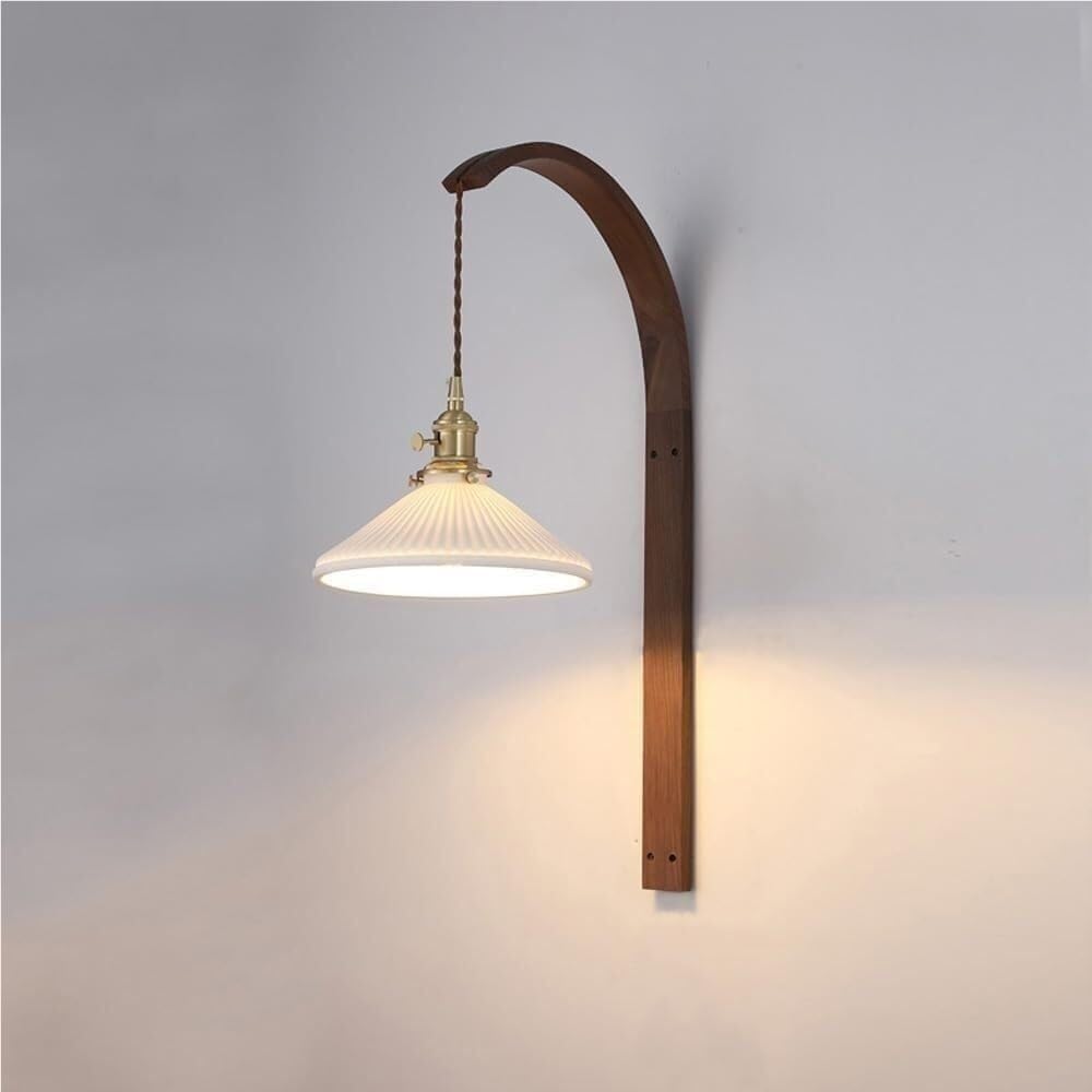 LYOUAE Mid-Century Zen Aesthetic Wall Sconce Retro Walnut Wood Wall Light Ceramic/Glass Shade Hanging Wall Lamp for Bedroom Living Room Hallway(22cm Ceramic Shade)