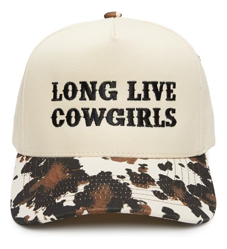 Two-Tone Canvas Snapback Baseball Cap - Long Live Cowgirls - Cow Print/Beige