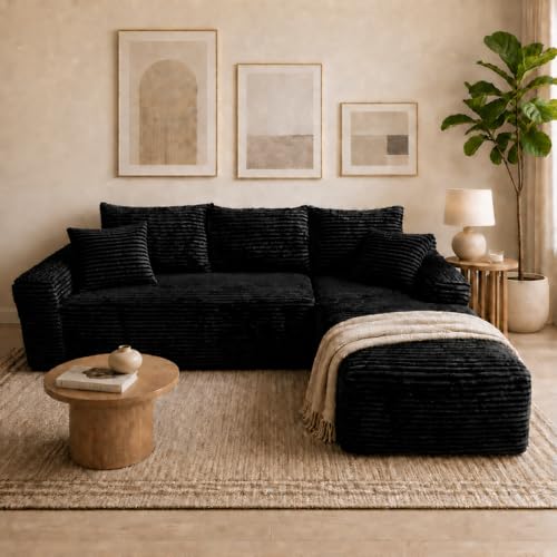 Rovibek 107.5' Couches for Living Room, Modular Sectional Sofa with Deep Seat & Throw Pillow, Black Couch with Chaise, No Assembly Required Compressed Sofa