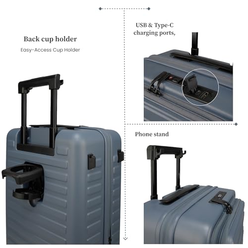 Image of F Gear Sedona Small Cabin Pro 54cm German Polycarbonate Hard Luggage|8 Japanese Hinomoto Silent Wheels| USB & Type-C Charging, Phone Stand & Cup Holder | Front Opening Suitcase for travel (Stone Blue)